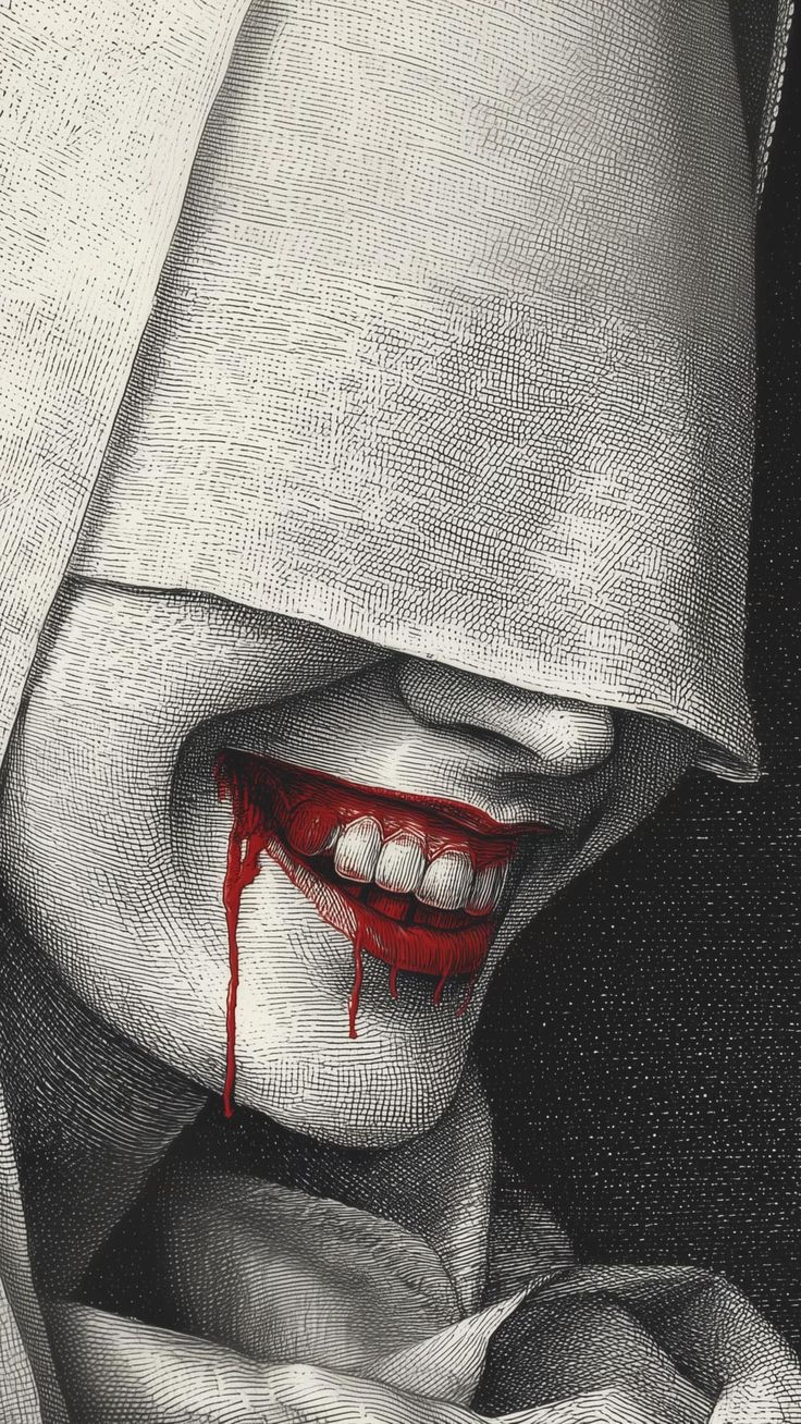 Grabado contemporáneo de una sonrisa ensangrentada bajo un velo